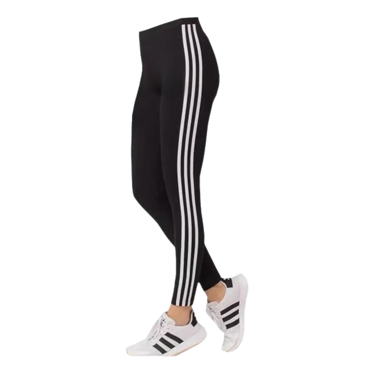 Black leggings with white side stripes, paired with white sneakers, ideal for gym or casual wear.
