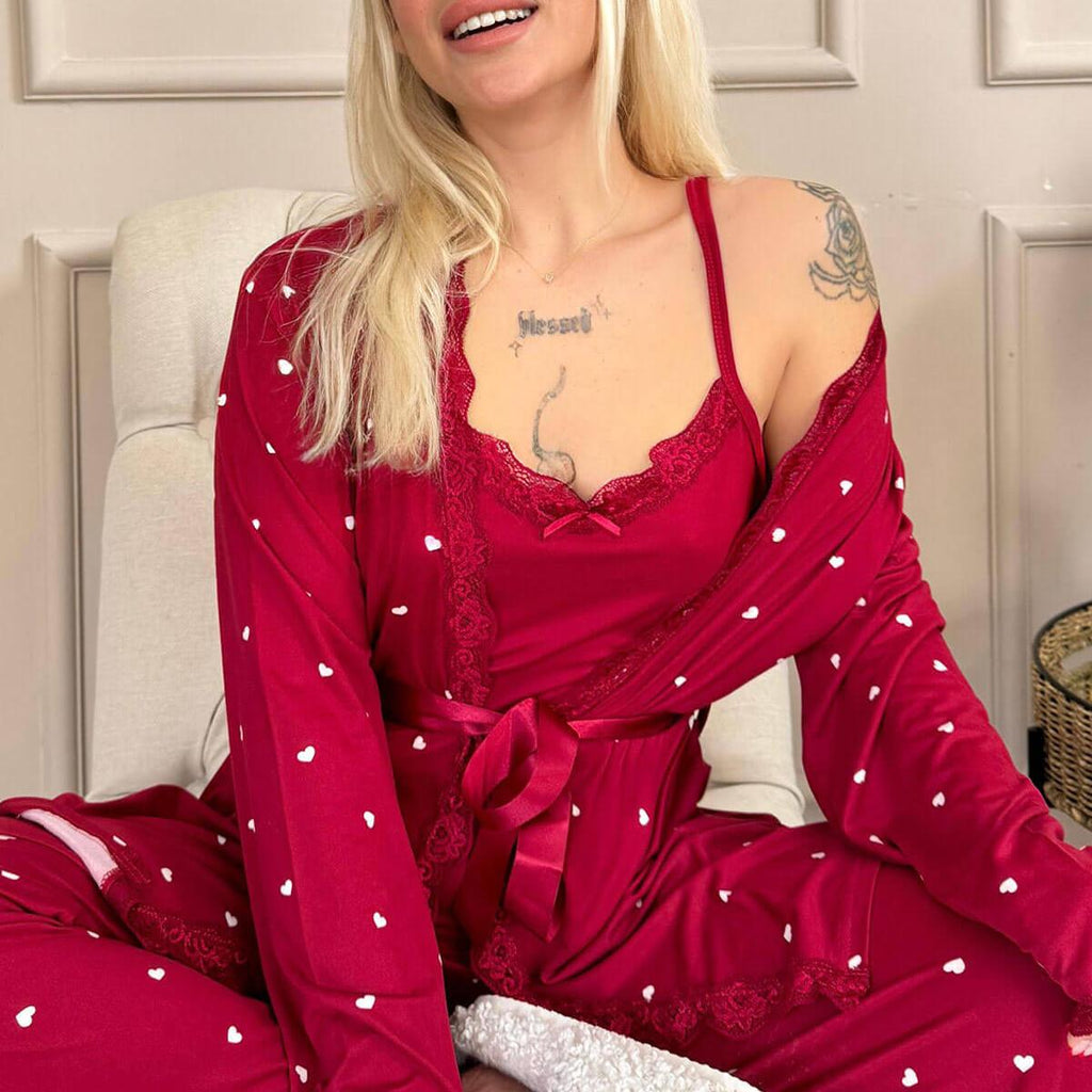 Women's 4-Piece points Print Pajama Set with Lace Trim & Butter Robe - Fit up to 75 KG
