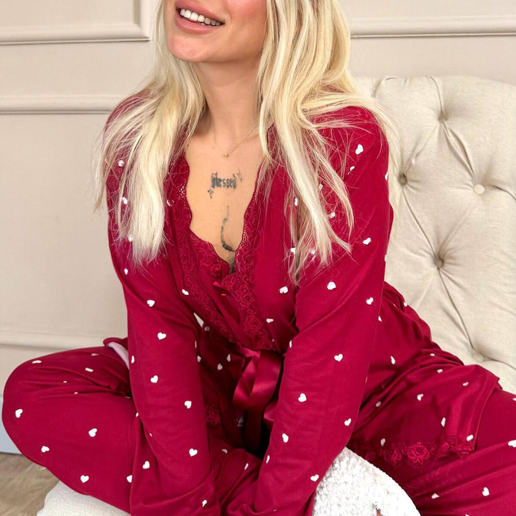 Women's 4-Piece points Print Pajama Set with Lace Trim & Butter Robe - Fit up to 75 KG