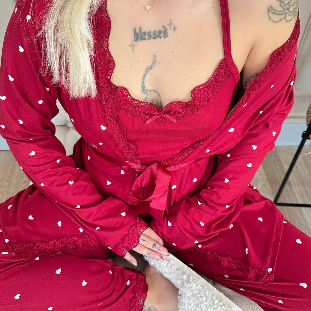 Women's 4-Piece points Print Pajama Set with Lace Trim & Butter Robe - Fit up to 75 KG