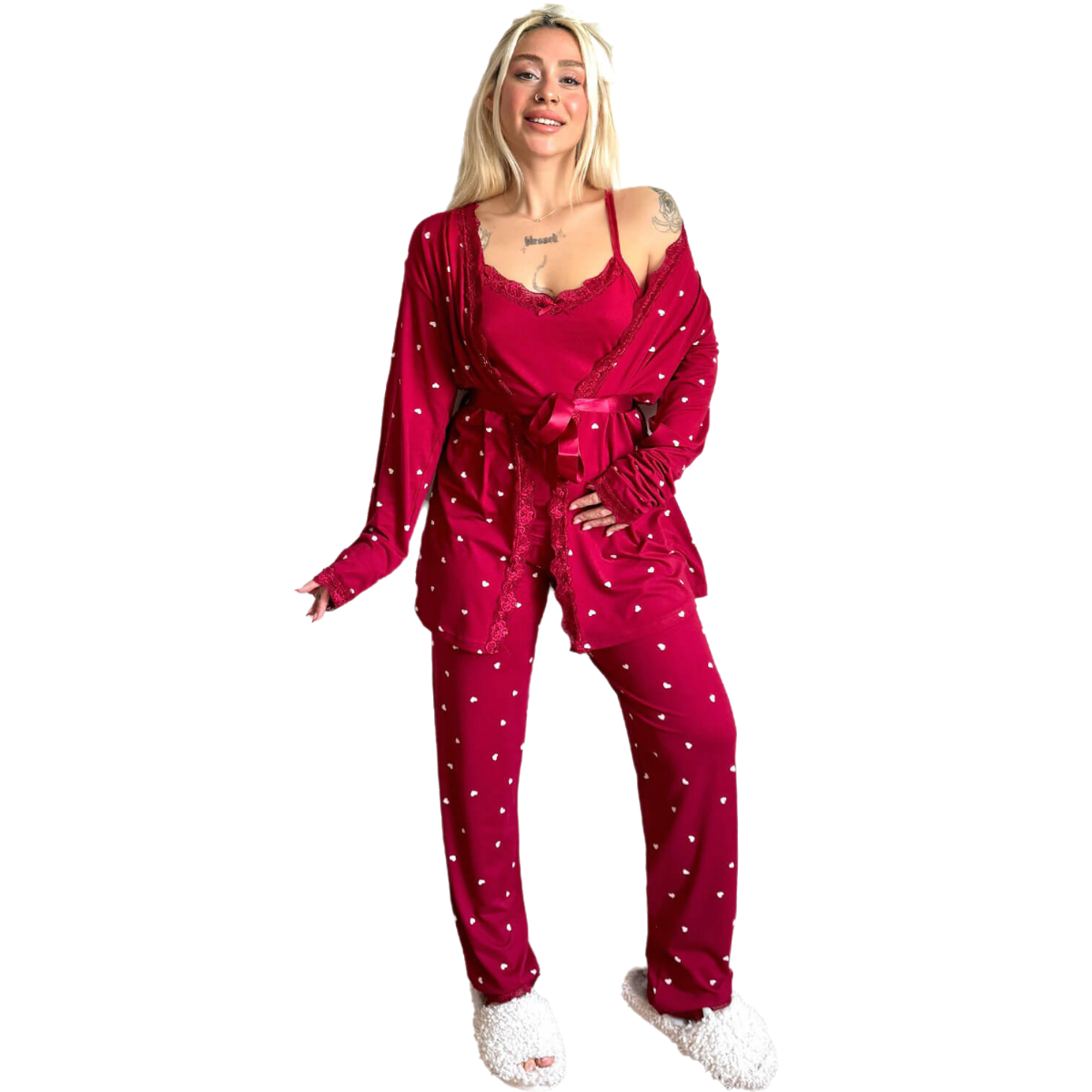 Women's 4-Piece points Print Pajama Set with Lace Trim & Butter Robe - Fit up to 75 KG