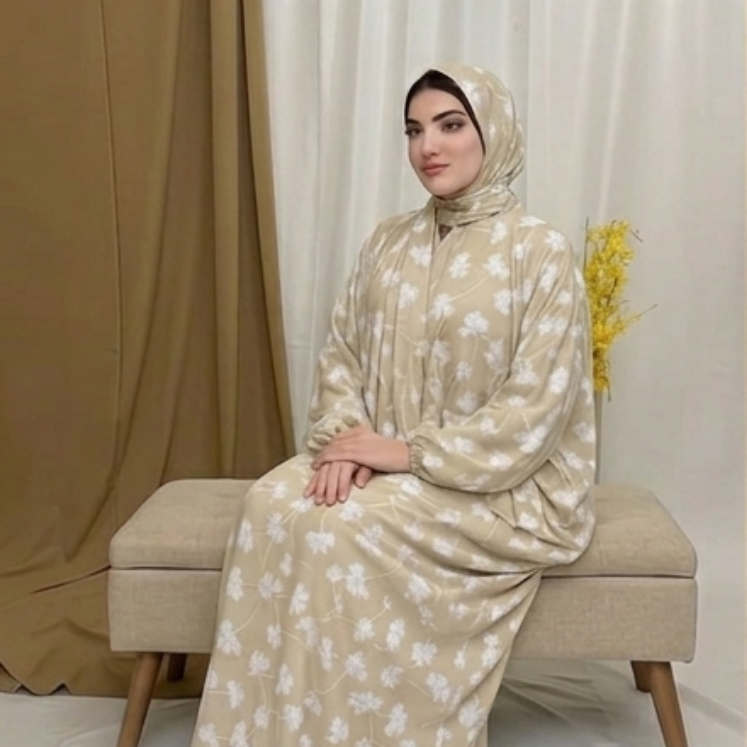 Women's Muslim Prayer Dress Set, Floral Print, with Hijab, Abaya Style - Butter Material (Up to 100 KG)
