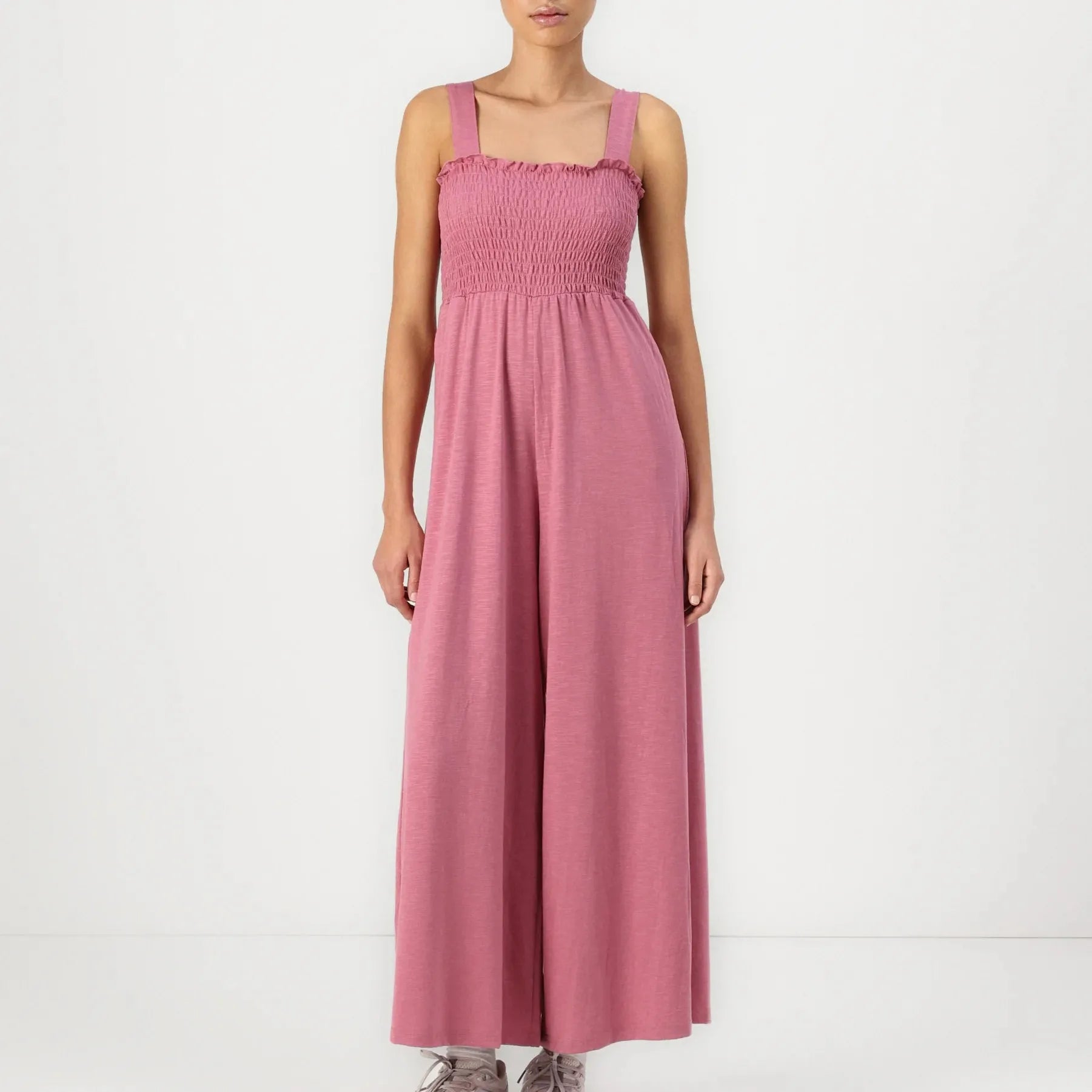 Smocked Bodice Solid Knit Jumpsuit