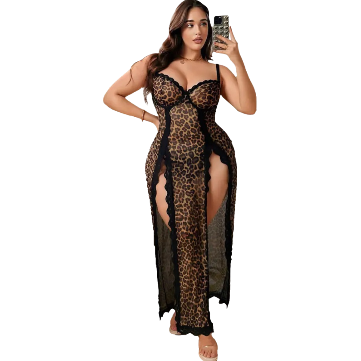 Elegant Leopard Print Long Nightgown - Premium Imported "Zebda" Fabric - Up to 75 KG