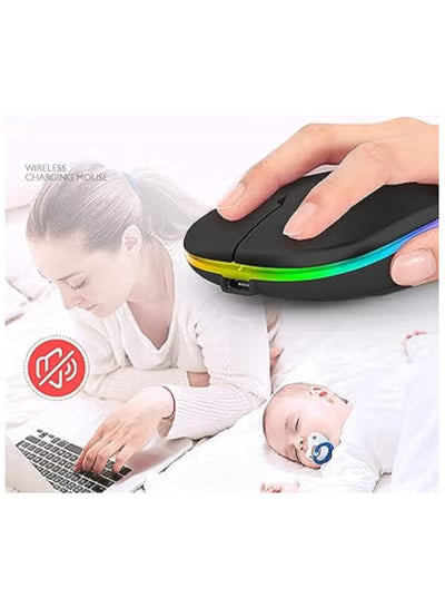 ماوس لاسلكي GeekerChip LED، ماوس كمبيوتر لاسلكي صامت 2.4G قابل لإعادة الشحن مع مستقبل USB، ماوس لاسلكي بإضاءة خلفية RGB رفيع للغاية لأجهزة الكمبيوتر المحمول والكمبيوتر اللوحي