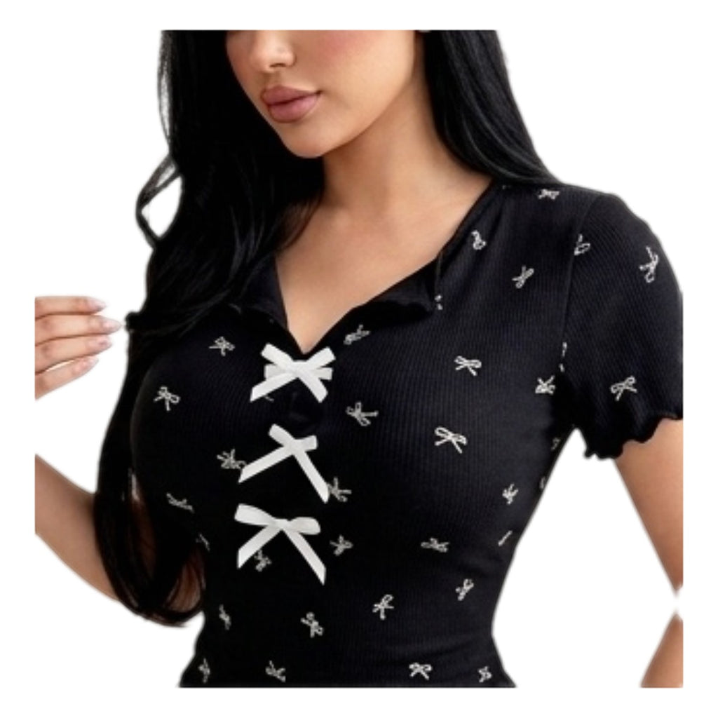 Maaak.store black cotton lycra home abaya featuring a front tie and delicate white bow print pattern.