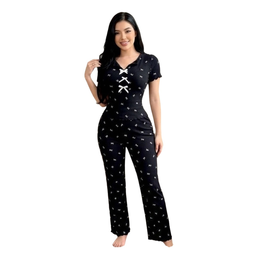 Maaak.store women's black two-piece pajama set with white bow print, half-sleeve top, and lace-up chest detail.