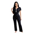 Maaak.store women's black two-piece pajama set with white bow print, half-sleeve top, and lace-up chest detail.