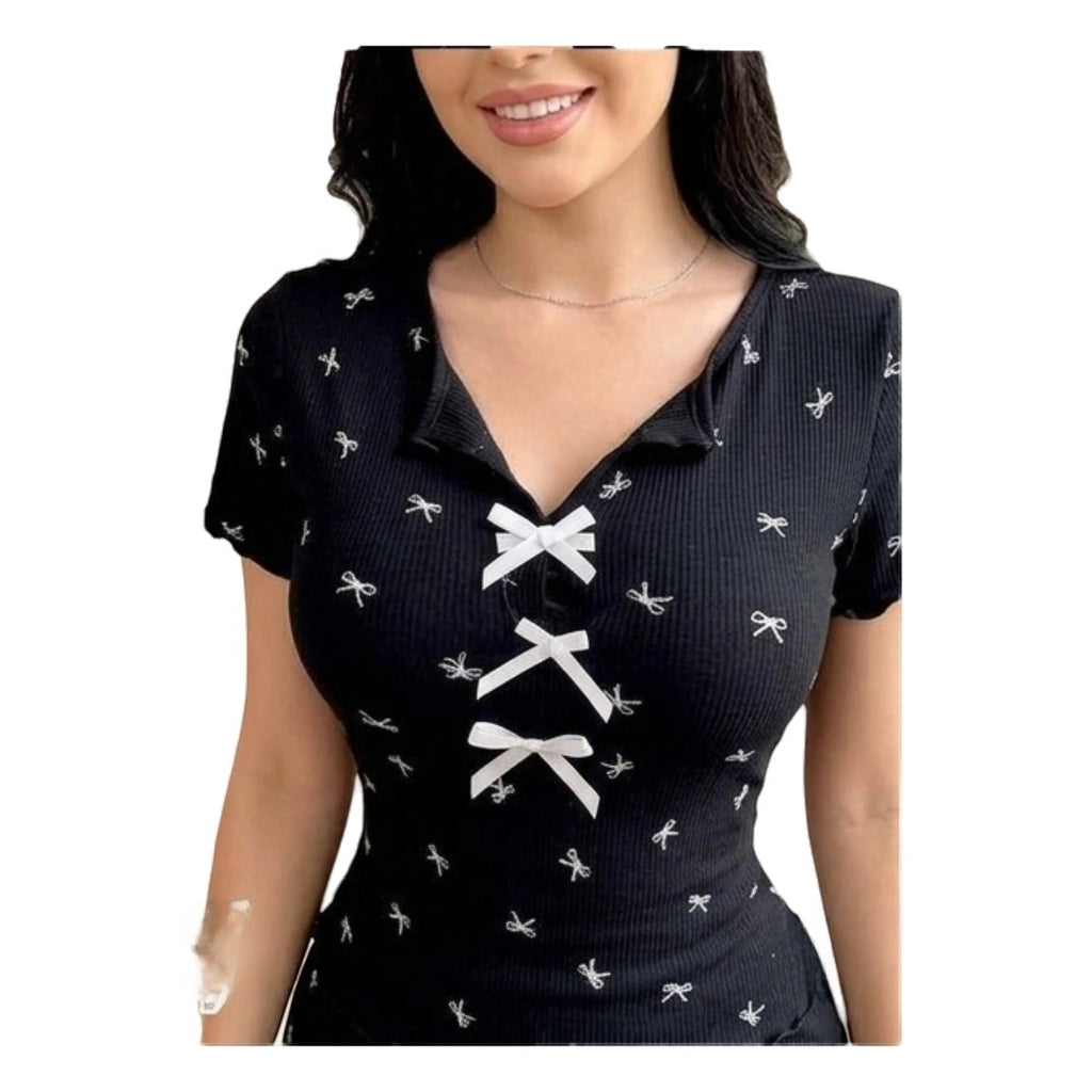Maaak.store women's black pajama top with white bow print, V-neck, and decorative front ribbon ties.