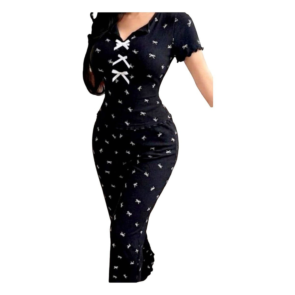 Maaak.store black cotton lycra home abaya set with white bow print and front lace-up tie detail