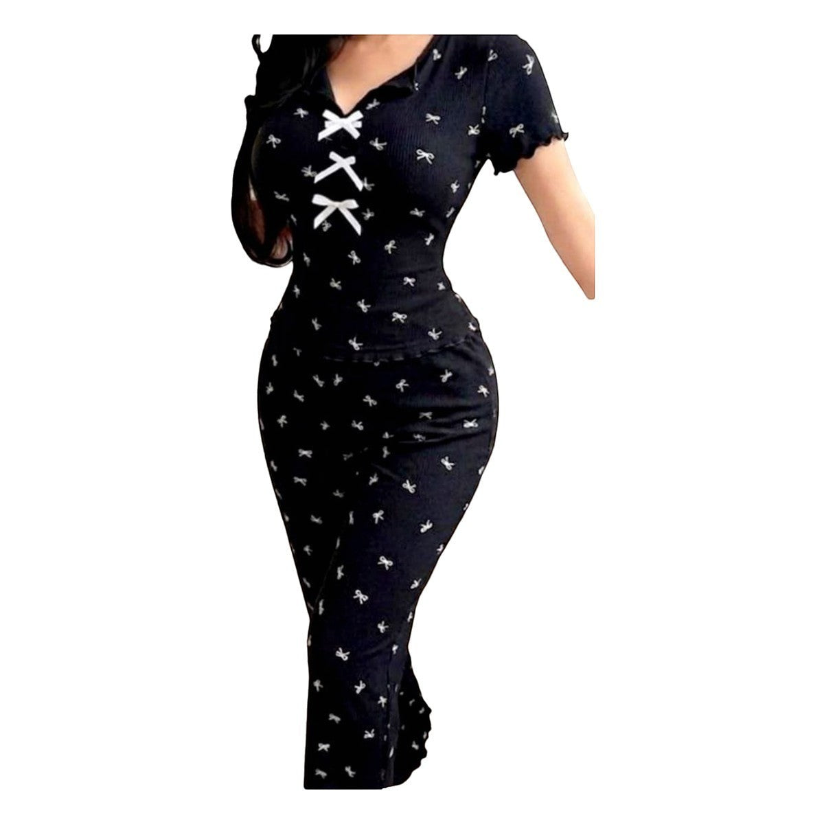 Maaak.store black cotton lycra home abaya set with white bow print and front lace-up tie detail