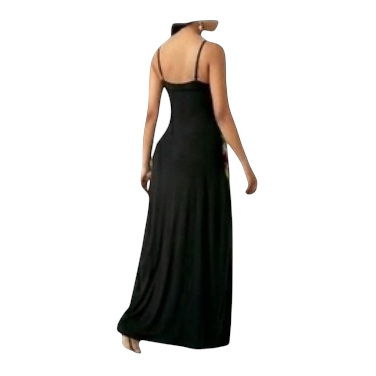 Maaak.store black sleeveless maxi dress with floral print detail on the side, soft fabric, back view