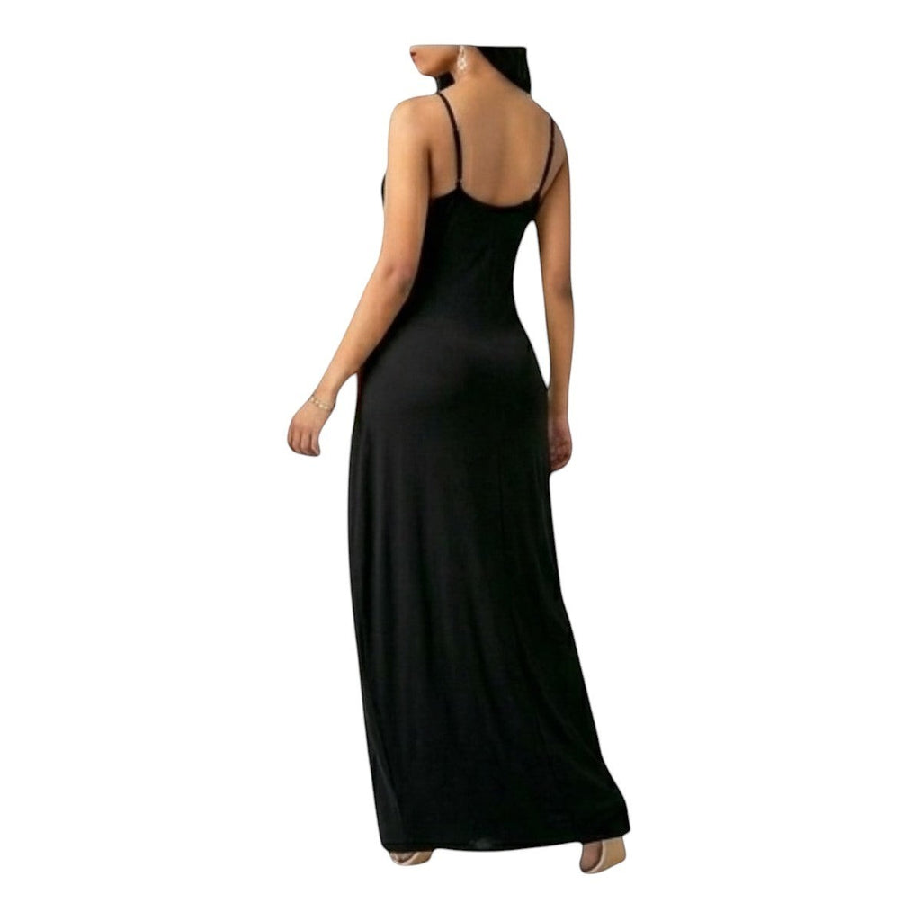 Maaak.store black sleeveless maxi dress with spaghetti straps, soft fabric, back view on a woman