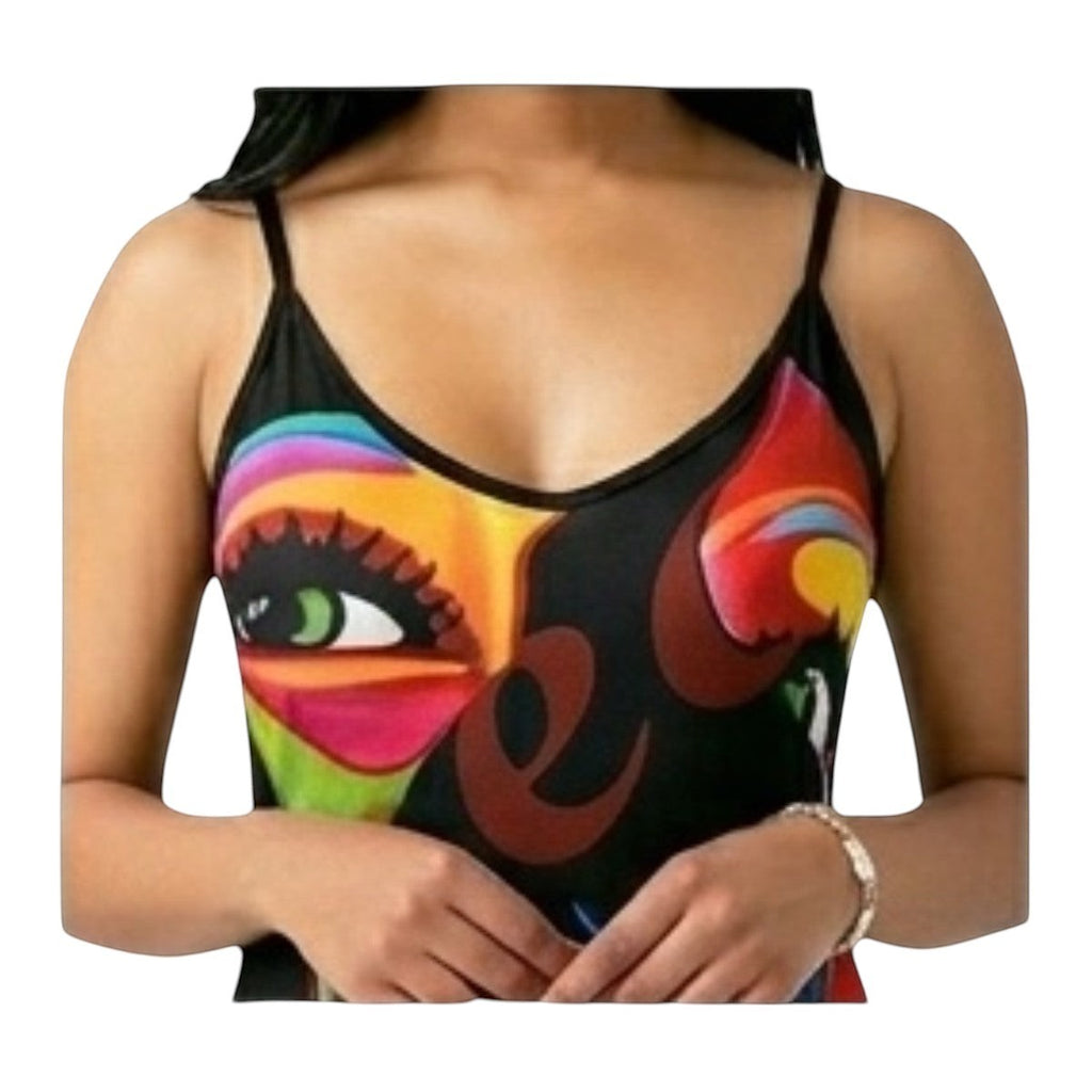 Maaak.store black camisole featuring a vibrant abstract eye print, made from soft, high-quality fabric.