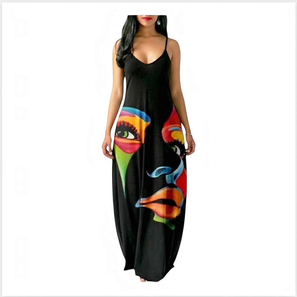 Maaak.store black sleeveless maxi dress featuring a vibrant abstract face print in soft, comfortable fabric.