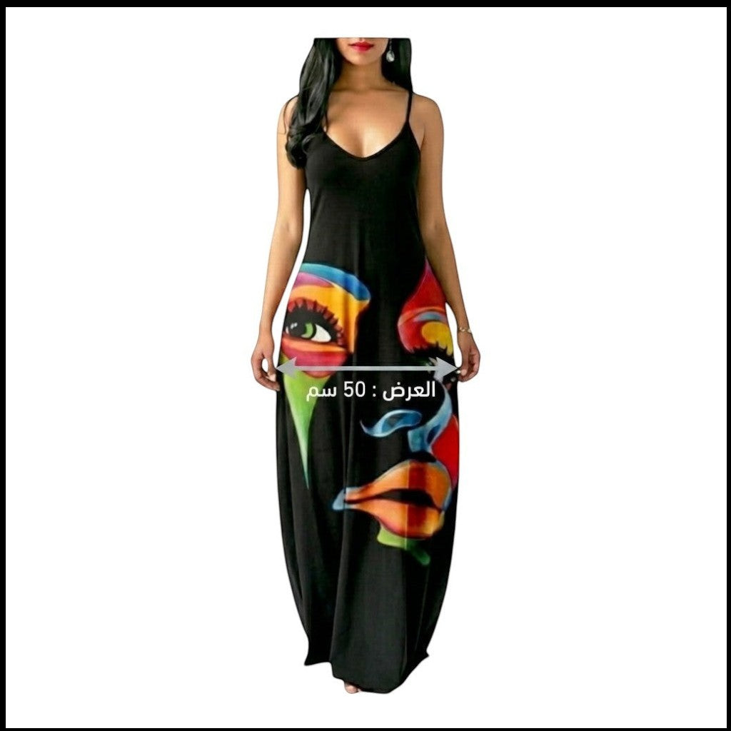 Maaak.store black sleeveless maxi dress featuring a vibrant abstract face print, made from soft, high-quality fabric.
