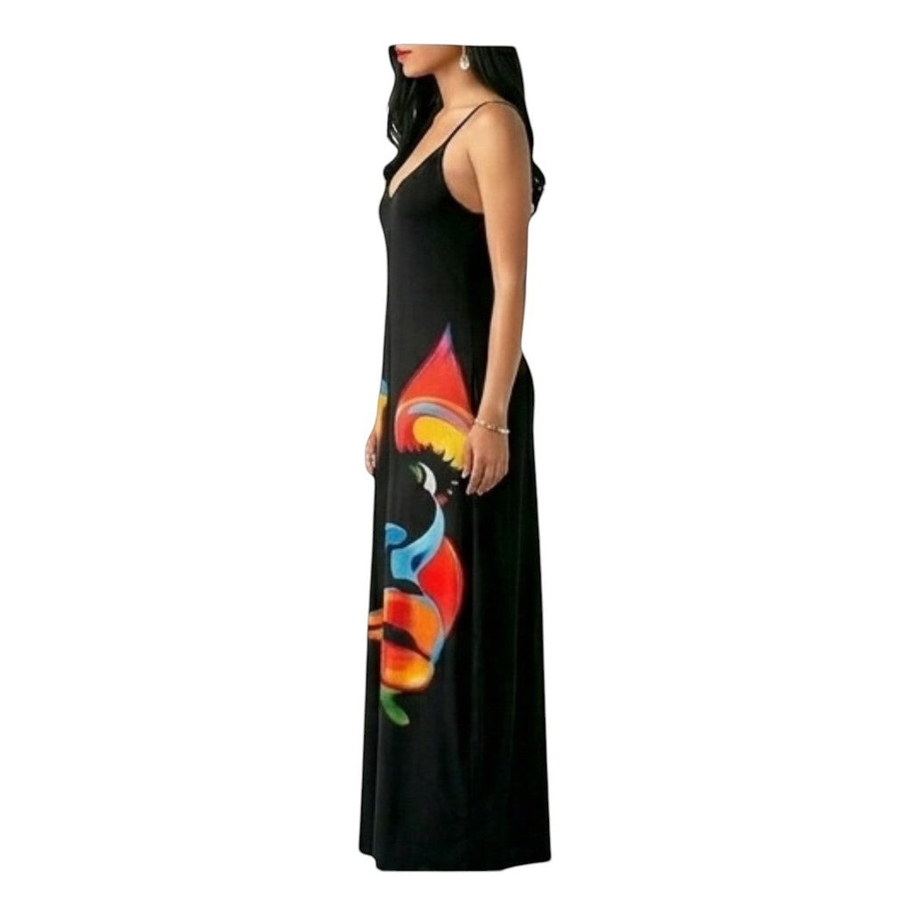 Maaak.store women's black maxi dress with colorful abstract print, featuring spaghetti straps and soft fabric.