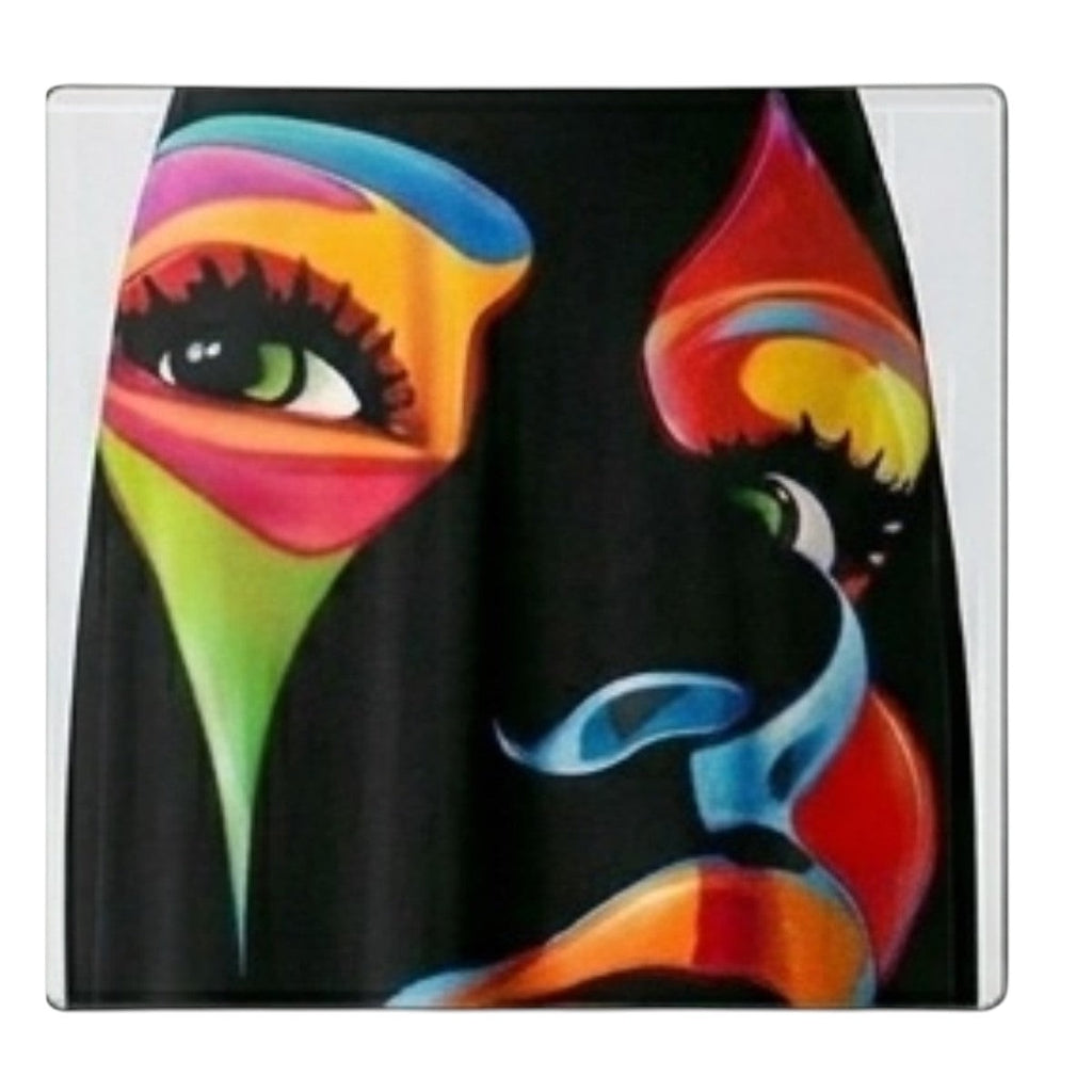 Maaak.store black free size top featuring a vibrant, colorful abstract face print in soft, high-quality fabric.