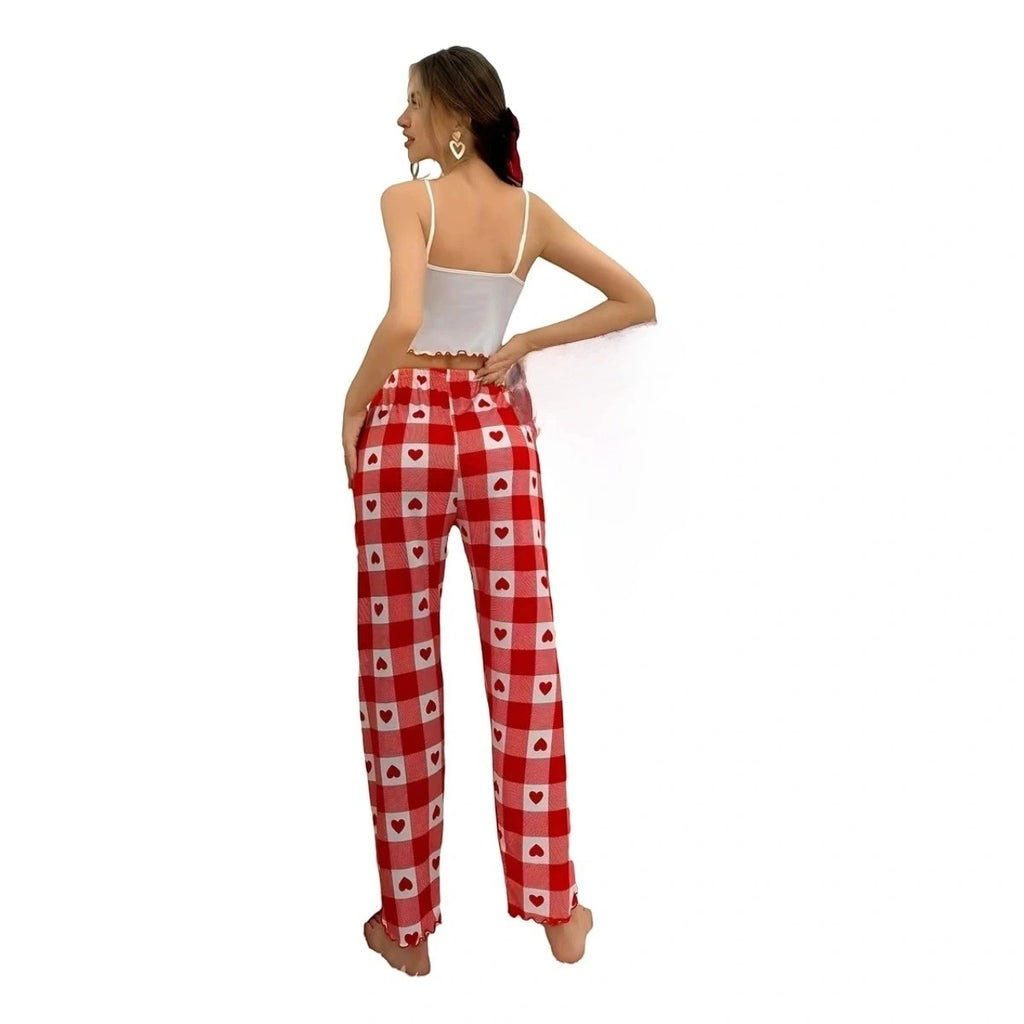 Maaak.store women's cotton pajama set with white camisole and red and white plaid heart-print trousers