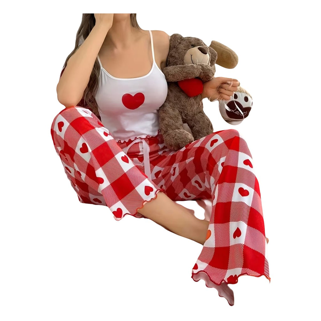 Maaak.store cotton pajama set with white heart tank top and red plaid heart-print pants on a woman holding a bear