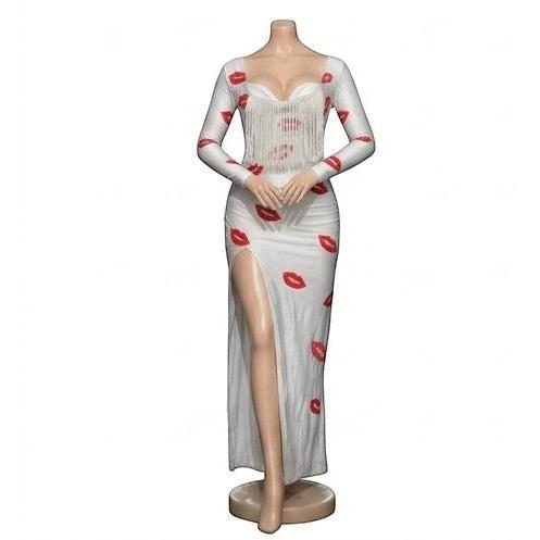 Maaak.store white maxi dress with red lip print, long sleeves, chest fringe, and high side slit on a mannequin