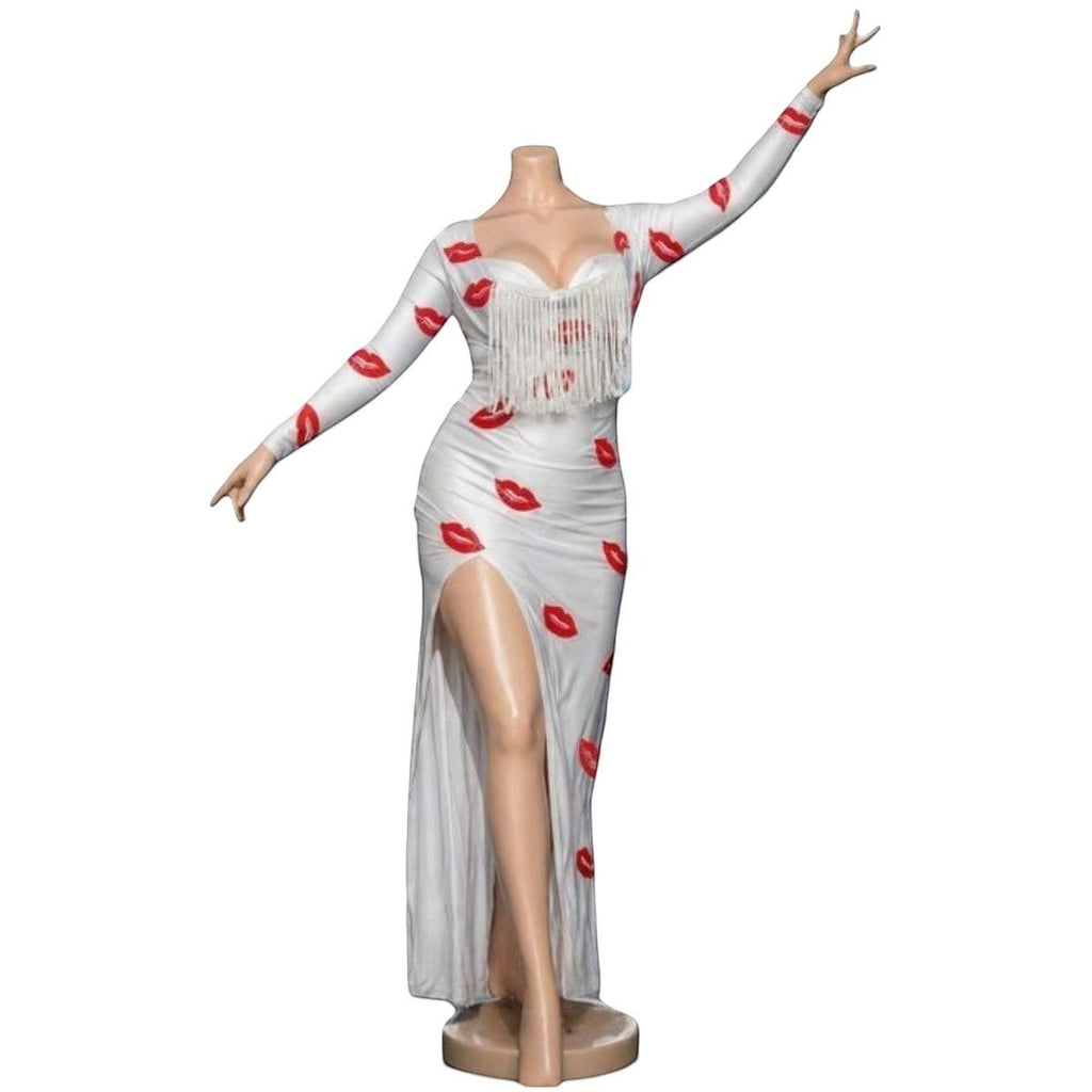 Maaak.store white maxi dress in soft butter fabric with red lip print, long sleeves, chest fringe, and side slit.