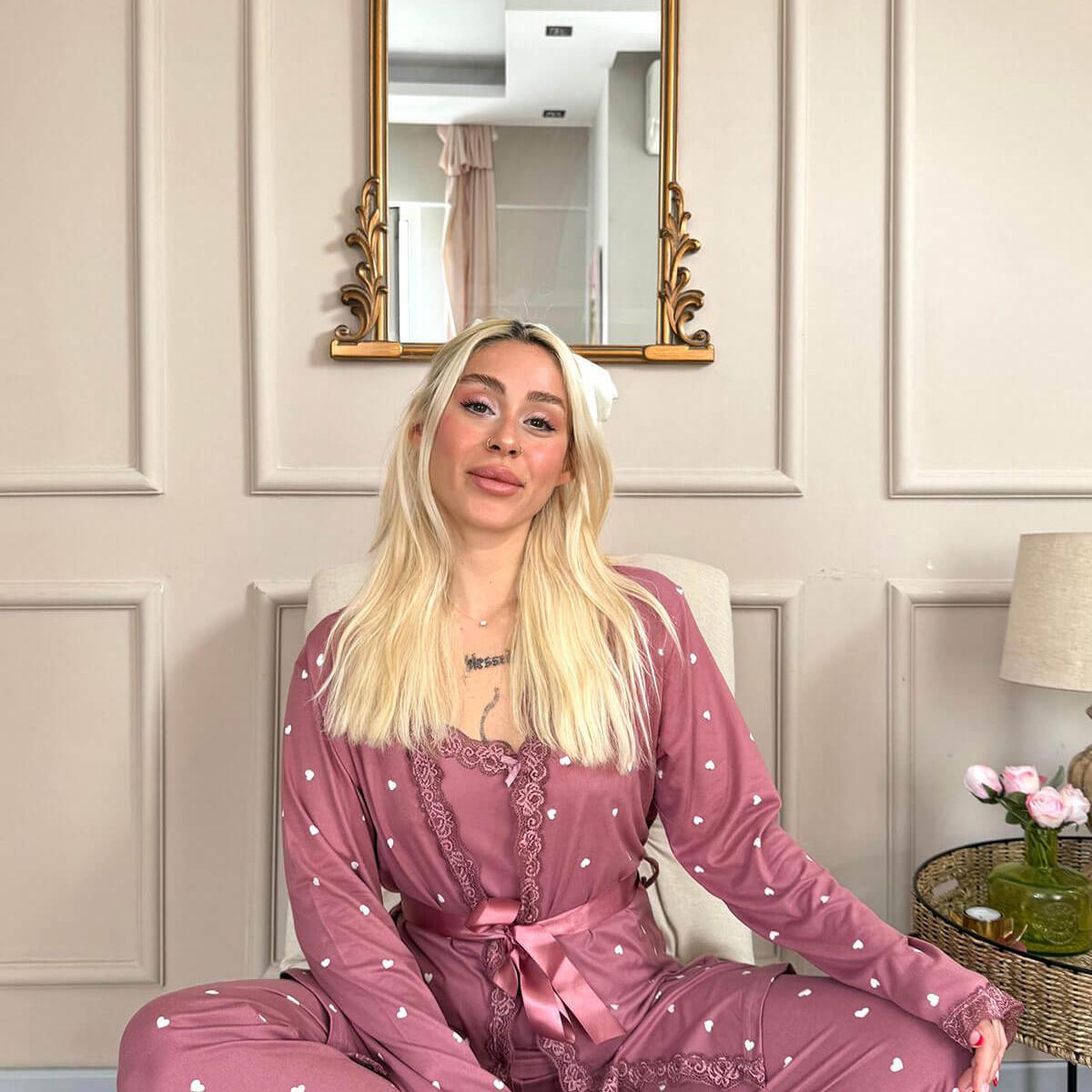 Women's 4-Piece points Print Pajama Set with Lace Trim & Butter Robe - Fit up to 75 KG