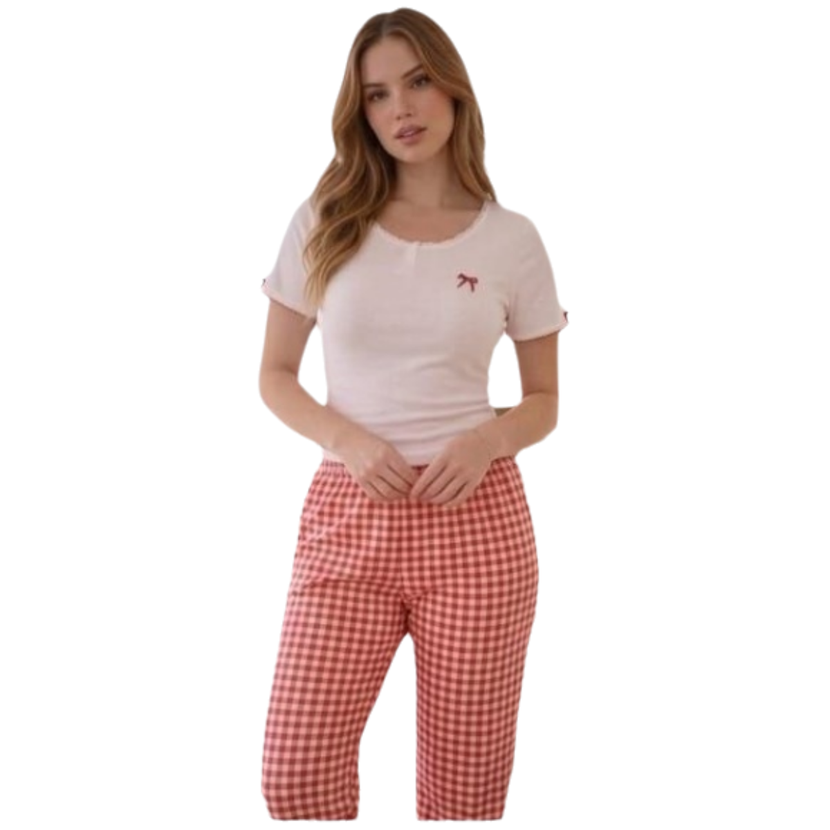 Women’s Cotton Pajama Set – Short Sleeve Top & Plaid Pants