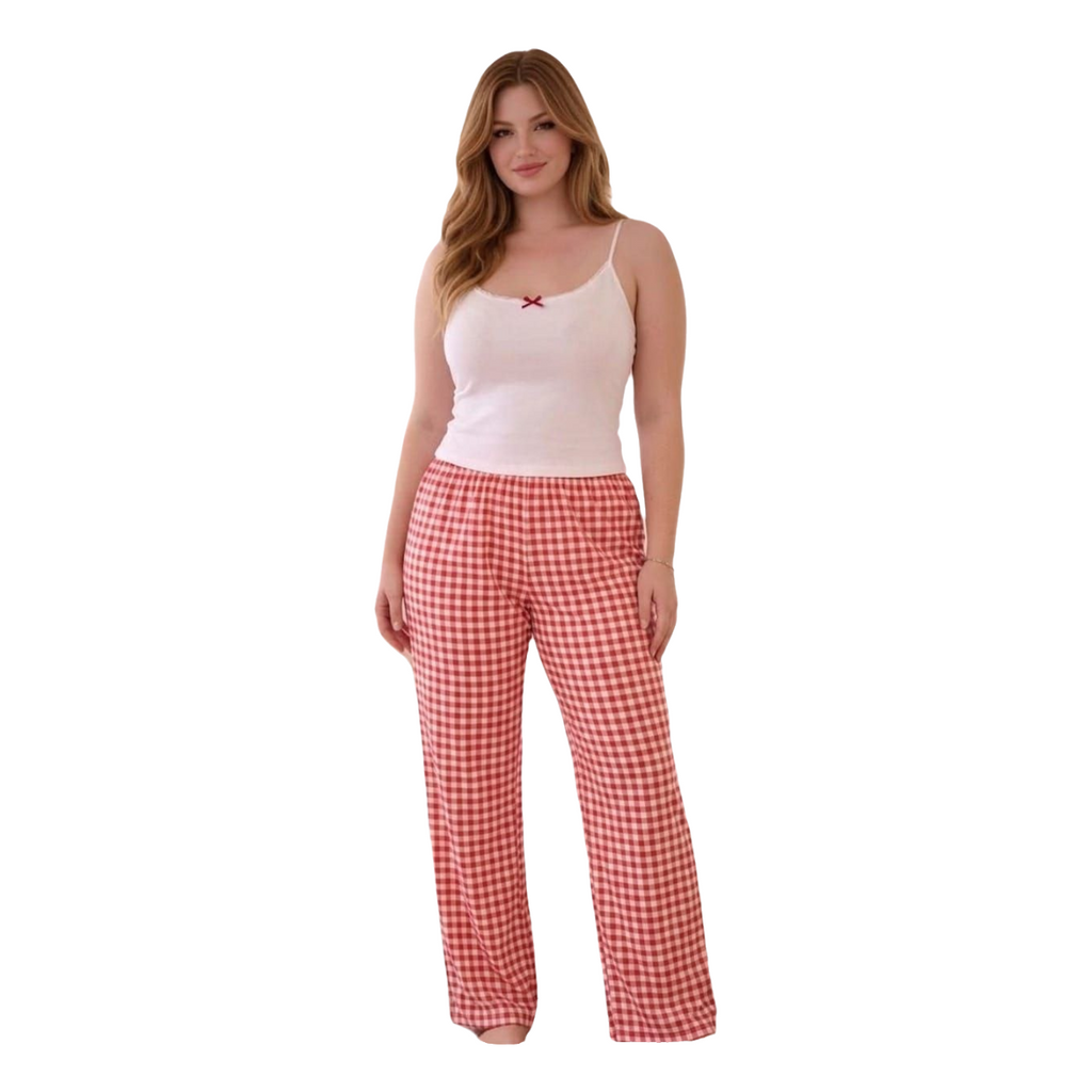Women's 2-Piece Cotton Pajama Set – Camisole Top & Gingham Checkered Pants - Up to 75 KG