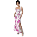 Floral Print Ruched Maxi Dress with Thigh Slit and Tie-Straps - Fit up to 65 KG