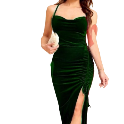 Elegant Velvet Evening Dress, with Side Slit, Spaghetti Strap Formal Dress for Women, Suitable up to 65 KG