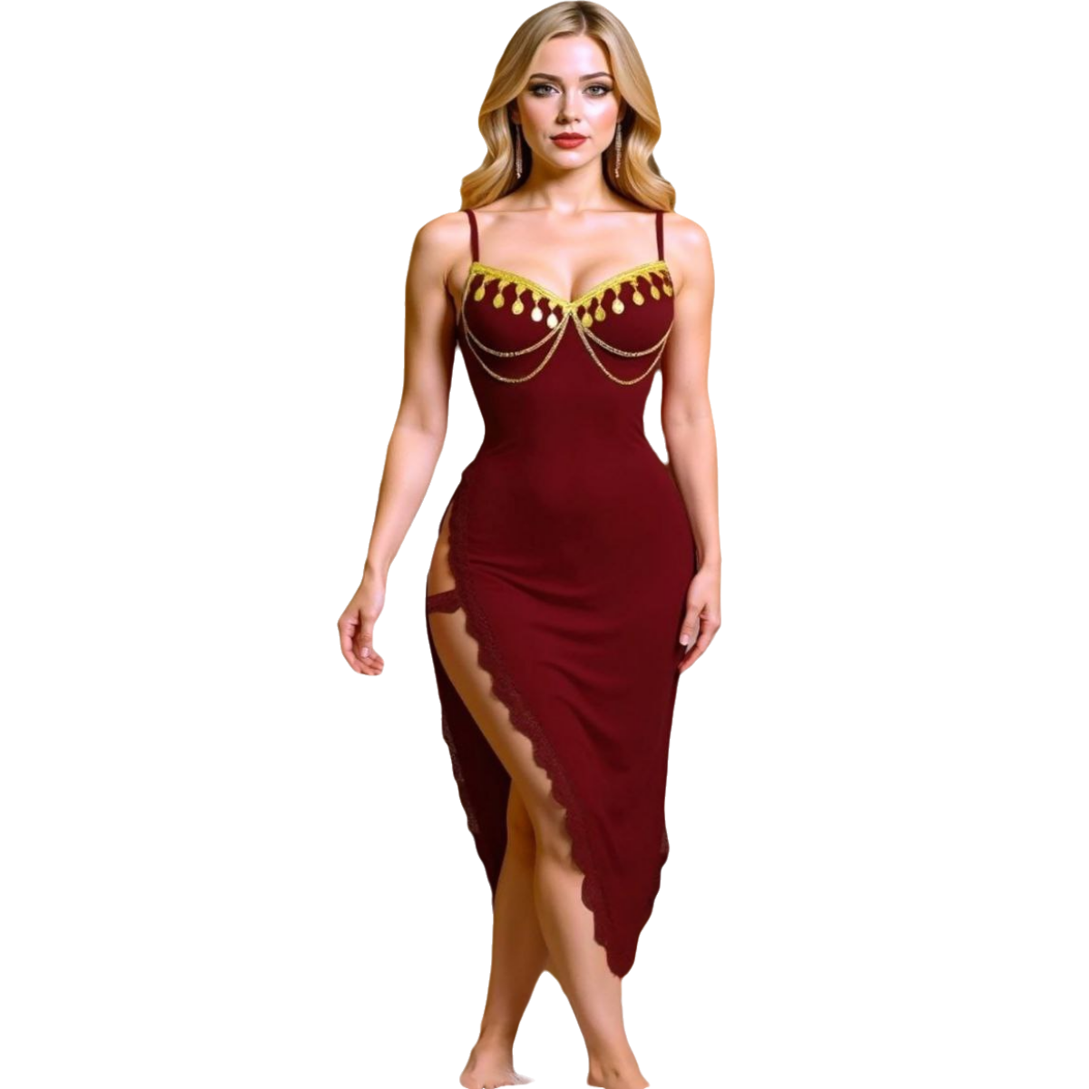 Elegant Oriental-Style Mini Dress - Premium "Butter" Lycra Fabric - with Gold Coin Embroidery - up to 75 KG