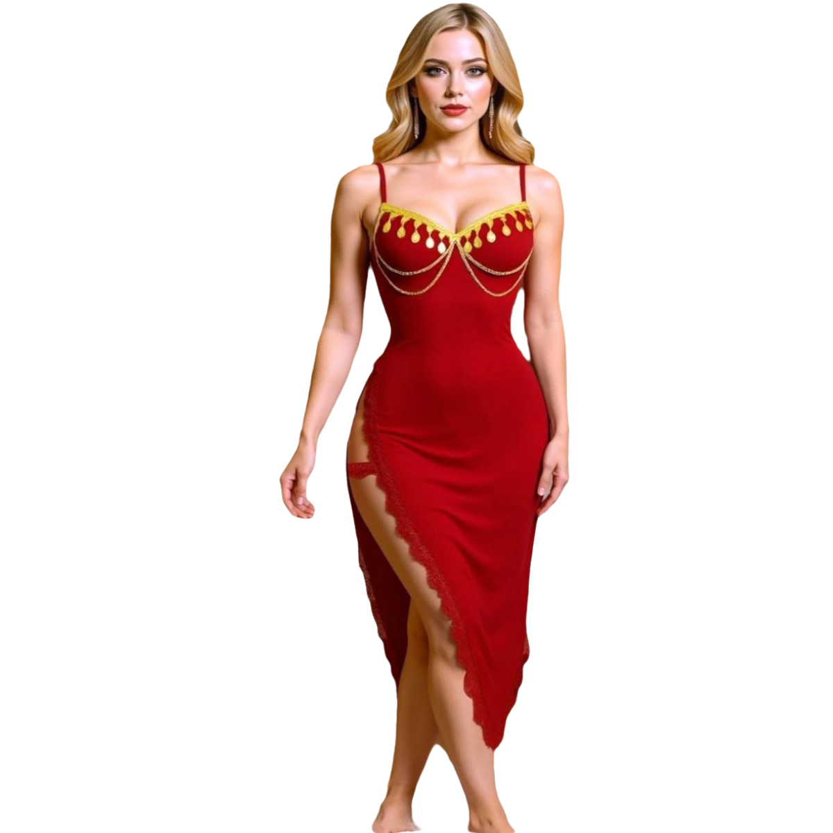 Elegant Oriental-Style Mini Dress - Premium "Butter" Lycra Fabric - with Gold Coin Embroidery - up to 75 KG