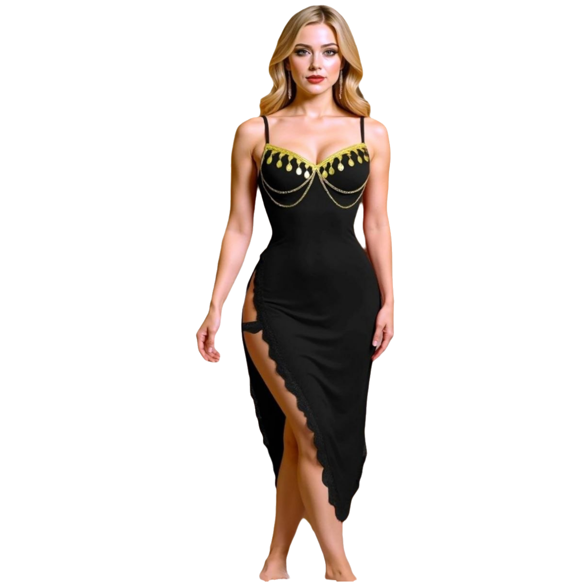 Elegant Oriental-Style Mini Dress - Premium "Butter" Lycra Fabric - with Gold Coin Embroidery - up to 75 KG