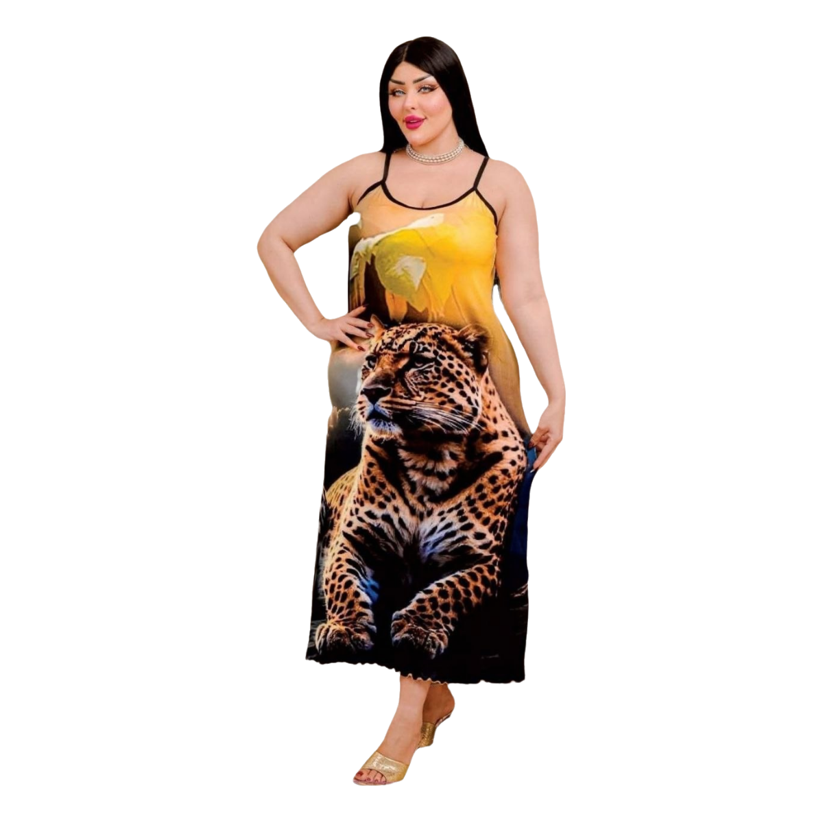 Women's Cheetah Print Slip Dress - Summer Lounge Wear Nightgown, Yellow & Black-Up to 85 KG