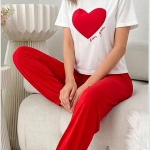 Women's 2-Piece Cotton Blend Loungewear Set - White & Red - Fits up to 75kg