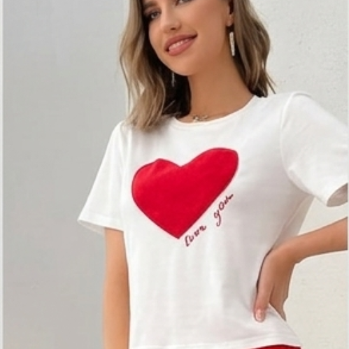 Women's 2-Piece Cotton Blend Loungewear Set - White & Red - Fits up to 75kg