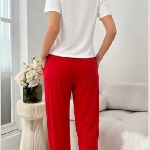 Women's 2-Piece Cotton Blend Loungewear Set - White & Red - Fits up to 75kg