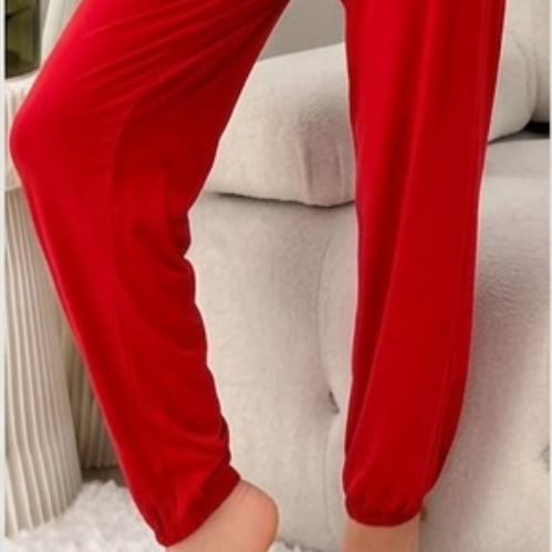 Women's 2-Piece Cotton Blend Loungewear Set - White & Red - Fits up to 75kg