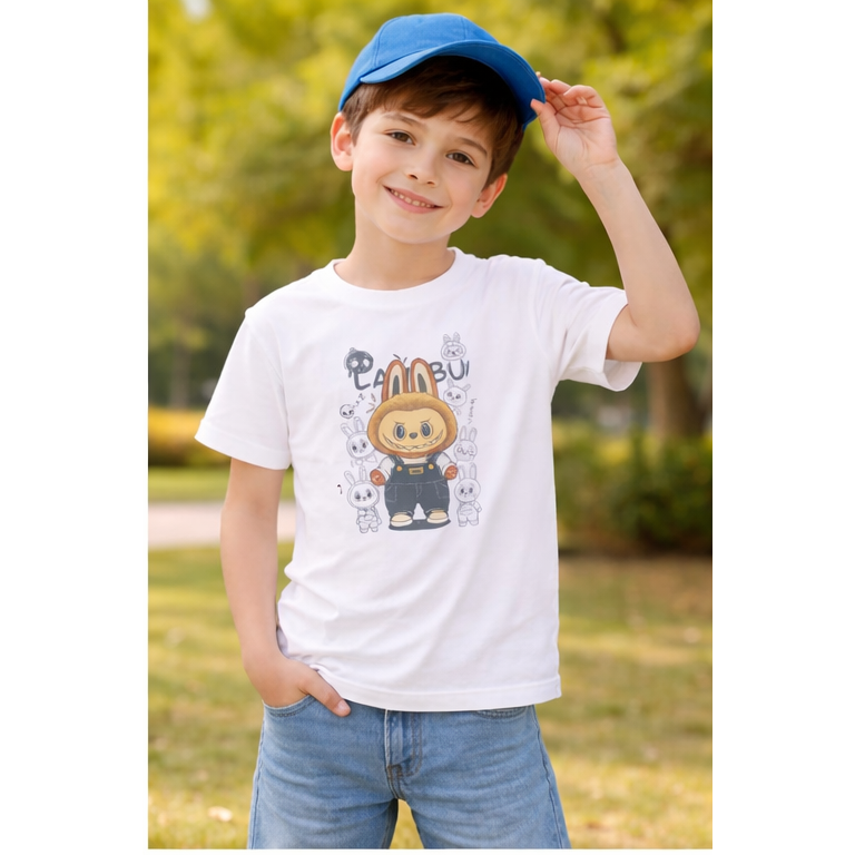 Kids' Premium Cotton T-Shirt - Trendy Cartoon Character Graphic Print - Soft & Breathable White Tee for Boys & Girls