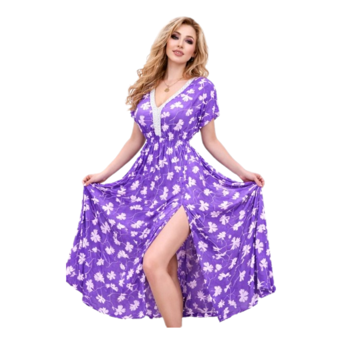 Women's Floral Maxi Dress, V-Neck with Lace Detail, Short Sleeve, Side Slit, Flowy Summer Style - lycra butter material - Up to 75 KG