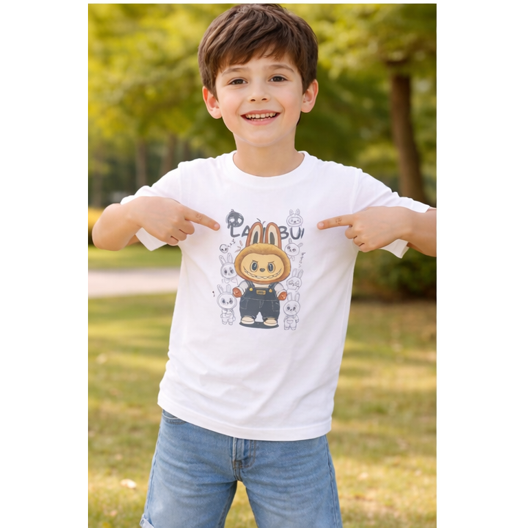 Kids' Premium Cotton T-Shirt - Trendy Cartoon Character Graphic Print - Soft & Breathable White Tee for Boys & Girls