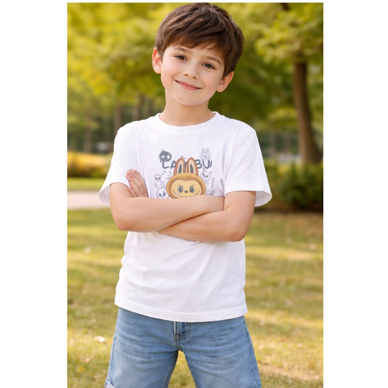 Kids' Premium Cotton T-Shirt - Trendy Cartoon Character Graphic Print - Soft & Breathable White Tee for Boys & Girls