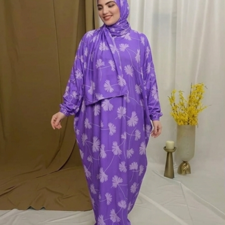 Women's Muslim Prayer Dress Set, Floral Print, with Hijab, Abaya Style - Butter Material (Up to 100 KG)