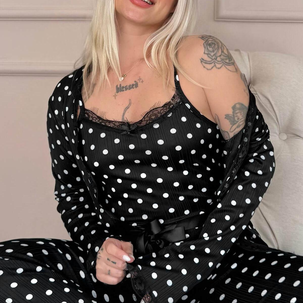Women's 4-Piece points Print Pajama Set with Lace Trim & Butter Robe - Fit up to 75 KG