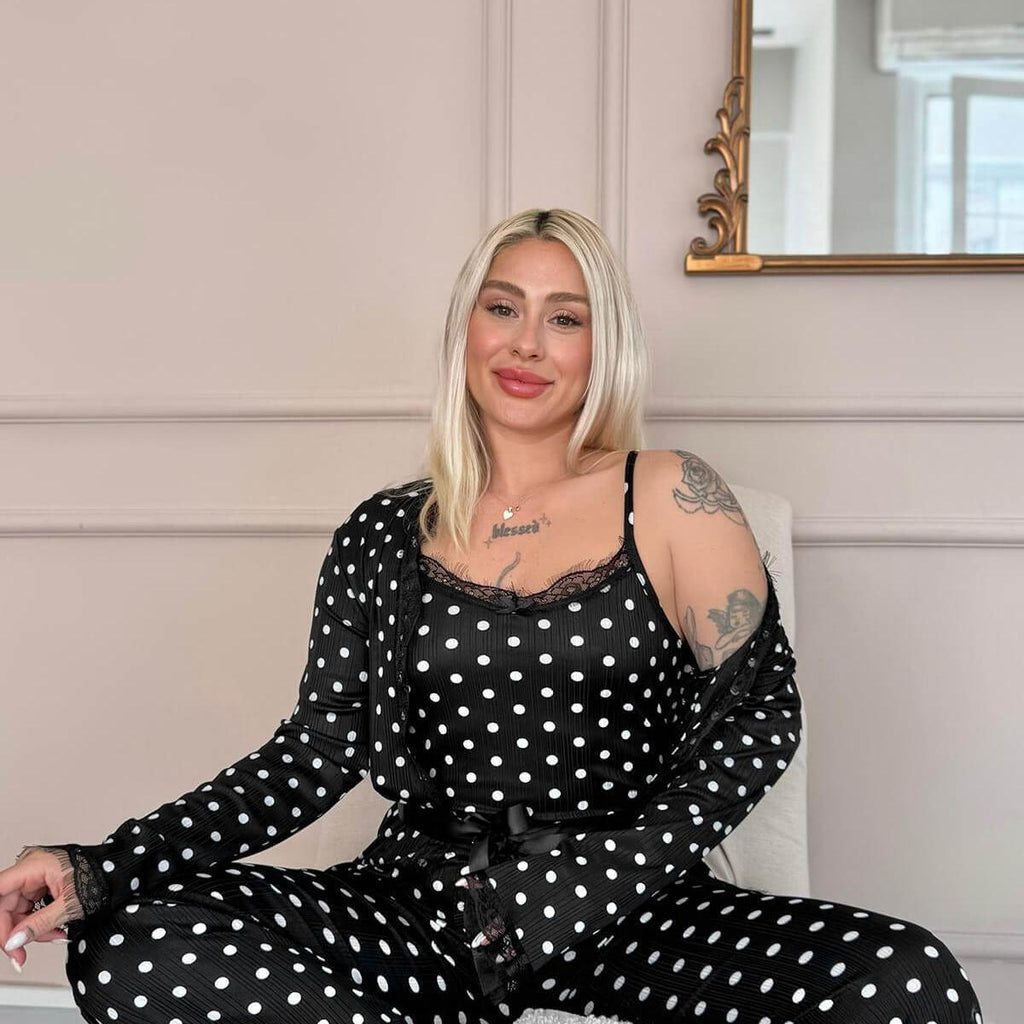 Women's 4-Piece points Print Pajama Set with Lace Trim & Butter Robe - Fit up to 75 KG