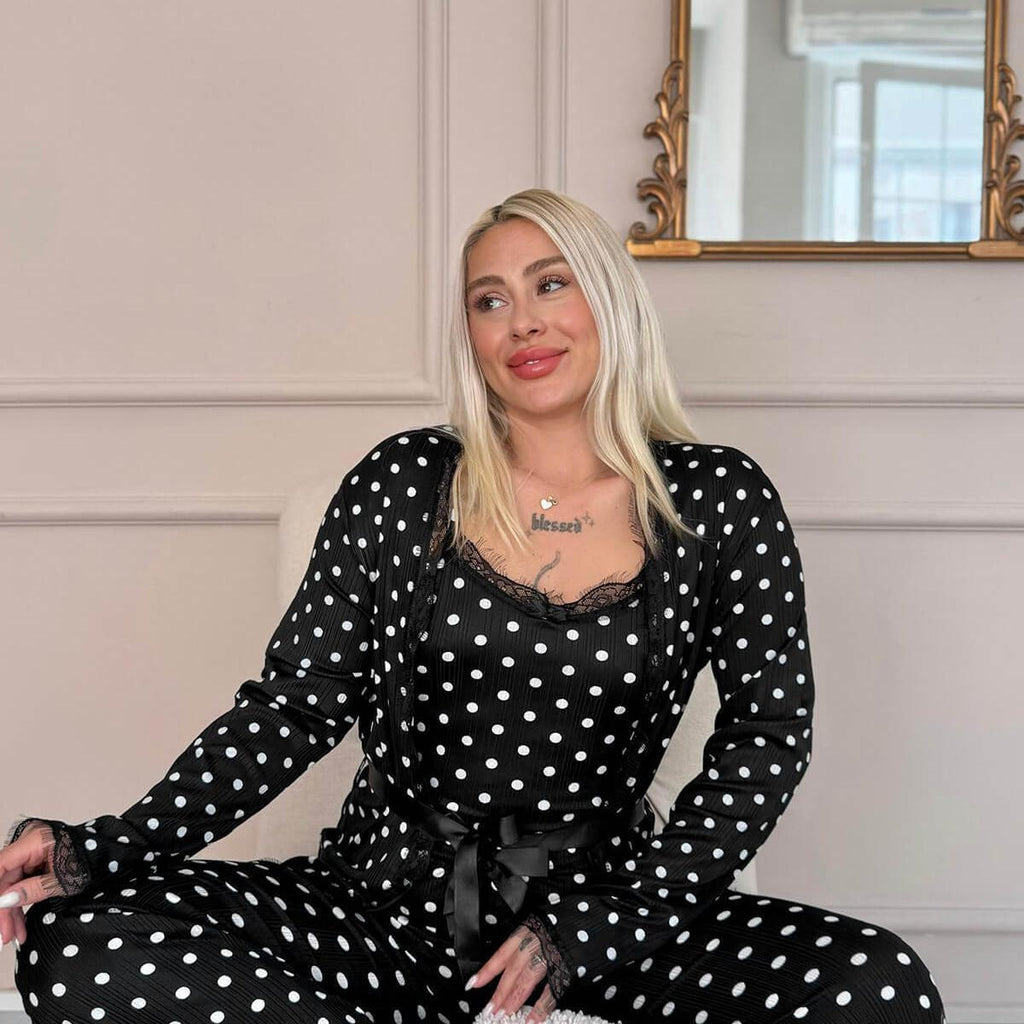 Women's 4-Piece points Print Pajama Set with Lace Trim & Butter Robe - Fit up to 75 KG