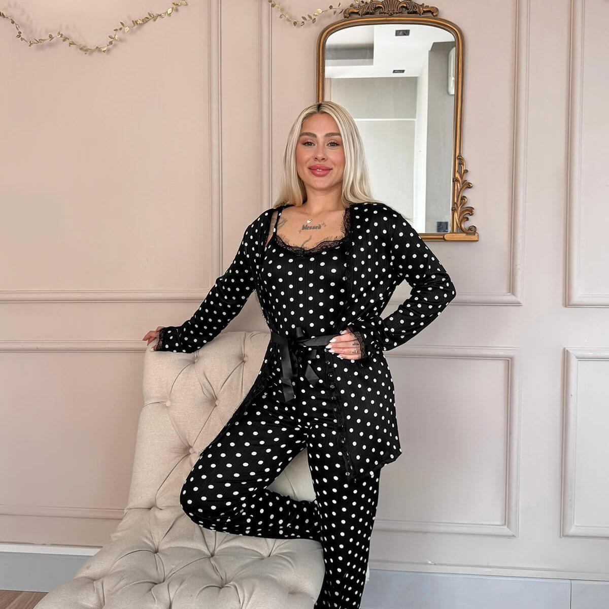 Women's 4-Piece points Print Pajama Set with Lace Trim & Butter Robe - Fit up to 75 KG