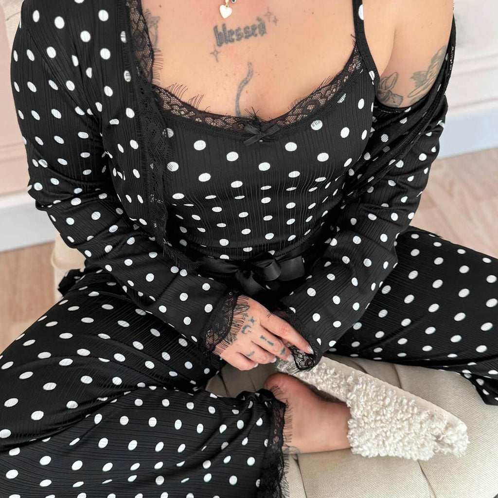 Women's 4-Piece points Print Pajama Set with Lace Trim & Butter Robe - Fit up to 75 KG