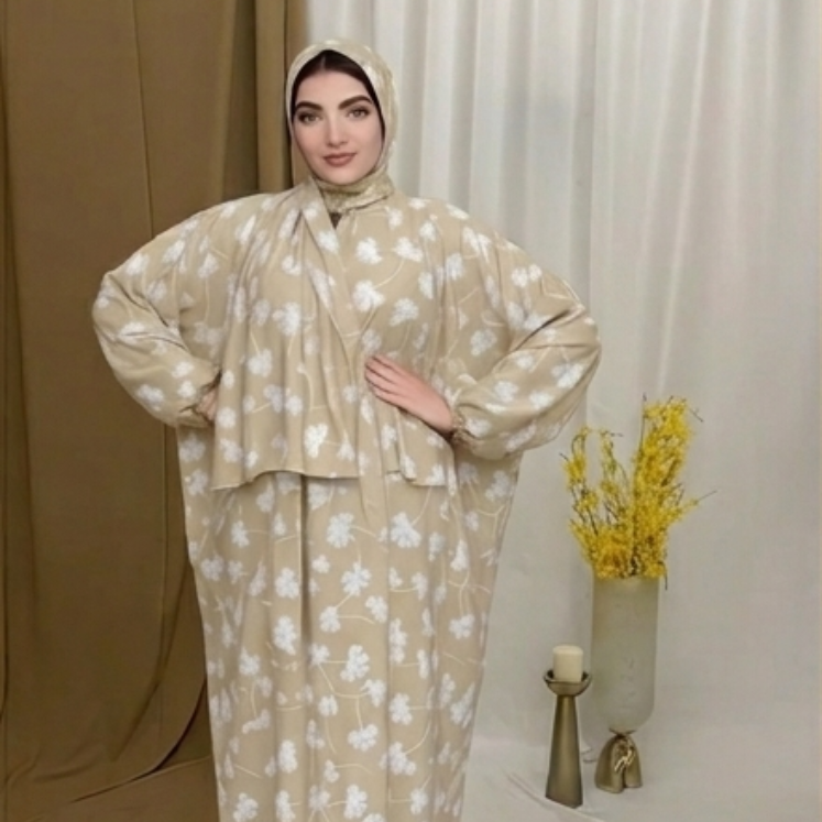 Women's Muslim Prayer Dress Set, Floral Print, with Hijab, Abaya Style - Butter Material (Up to 100 KG)